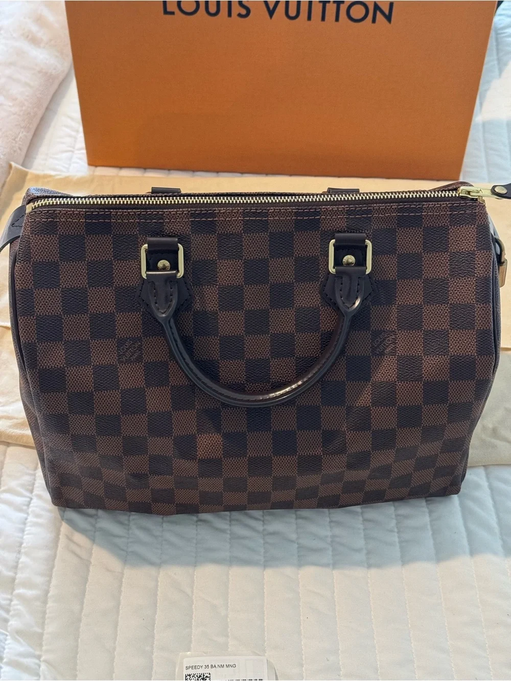 Louis Vuitton Brown Damier Ebene Satchel with Gold-Tone Hardware